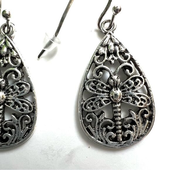 Silver Tone Dragonfly Pierced Teardrop Dangle Earrings - Picture 10 of 11